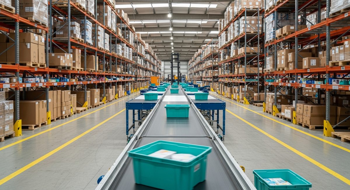 Working e-commerce fulfillment warehouse with conveyor belt and shelving