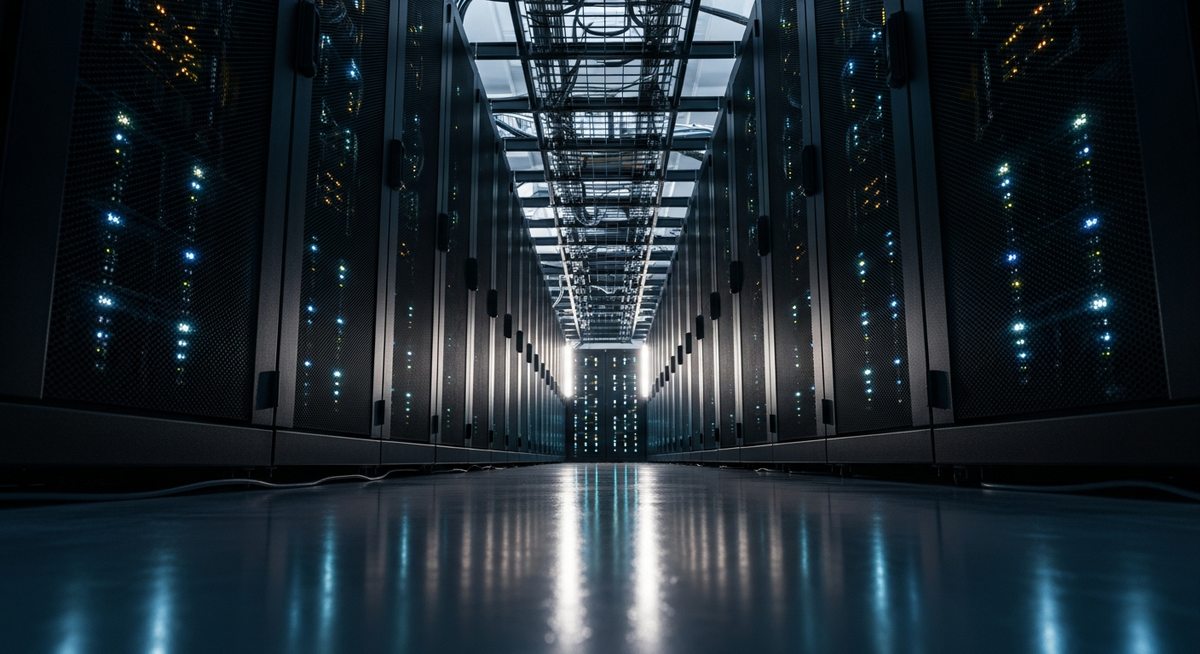Modern data centre corridor with server racks and indicator LEDs