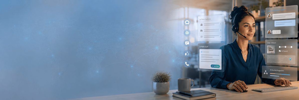 AI generated image of a customer service employee working seamlessly together with AI
