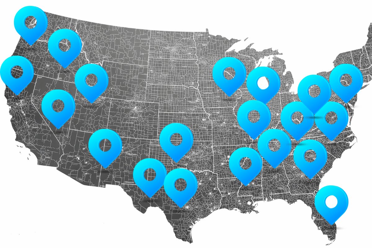 Map of the US with 20 pins representing the locations of Salesupply's fulfillment centers
